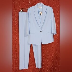 KASPER 2 Piece Sky Blue Collared Button 3/4 Sleeve Pants Suit Women's Sz 12